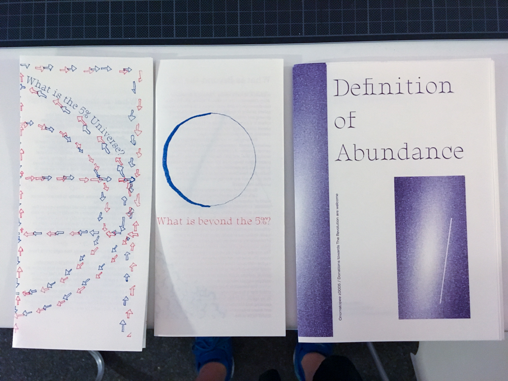5% universe pamphlets and 4th edition of Definition of Abundance printed by Onomatopee
