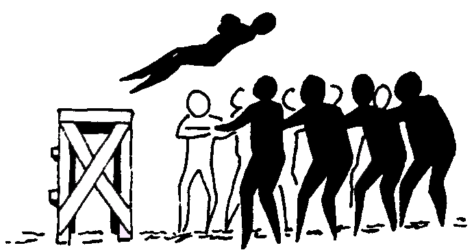 drawing of person falling backwards off a platform into the cradling arms of a group of people